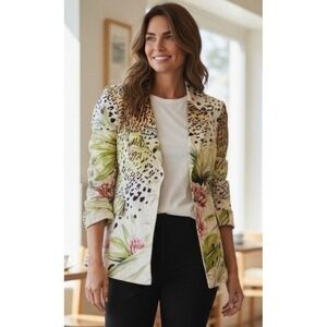 Impulse California Womens Blazer Jacket L Floral Leopard Print Rhinestone Button